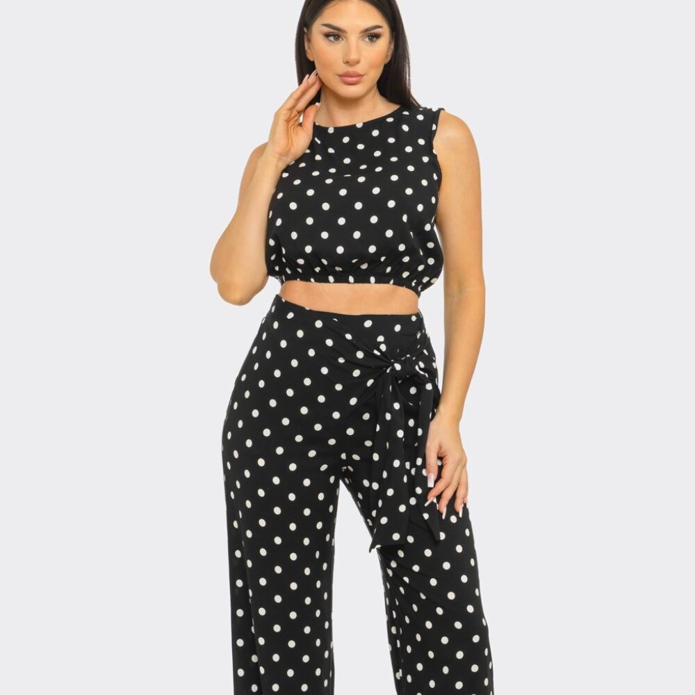 Polka Dot Tie-Waist Wide Leg Jumpsuit - Black/White